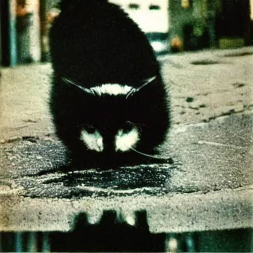 Image similar to wide-shot eyesight first-person!!! reflection!!! of a cat drinking water from the puddle at the street, polaroid photo, by Andy Warhol, signed