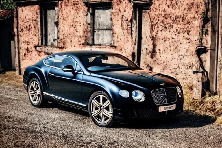 Image similar to modern rusty matte tired Bentley Continental GT without gloss no reflections drives along the road of an old Russian village with houses at the edges