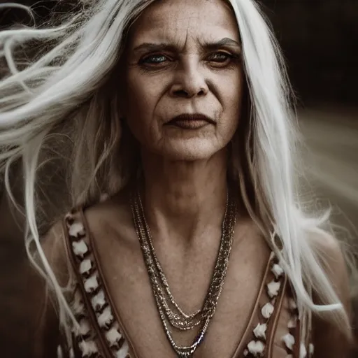 Image similar to portrait of a woman, sliver chains on face, white hair, natural, light makeup, cinematic, cinematic, focus