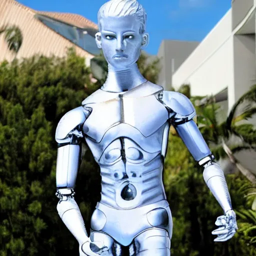 Prompt: a realistic detailed photo of a guy who is an attractive humanoid who is half robot and half humanoid, who is a male android, wrestler bryce meredith, shiny skin, posing like a statue, blank stare, by the pool, on display, showing off his muscles, humanoid robot, frozen ice statue