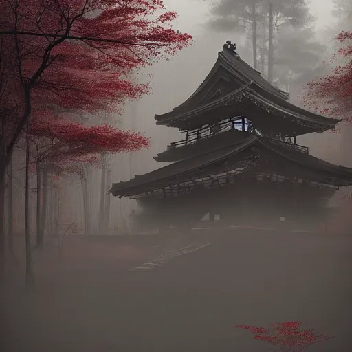 Image similar to Japanese abandoned temple in the woods, dark, moody, foggy, mysterious by Marc Simonetti