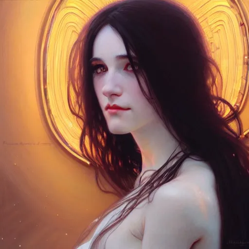 Image similar to portrait of a smiling, beautiful, pale skin female with long black hair, dark brown eyes, elegant clothing, photorealistic, highly detailed, artstation, smooth, sharp focus, neon lighting, sci - fi, art by gustav klimt, artgerm, greg rutkowski and alphonse mucha