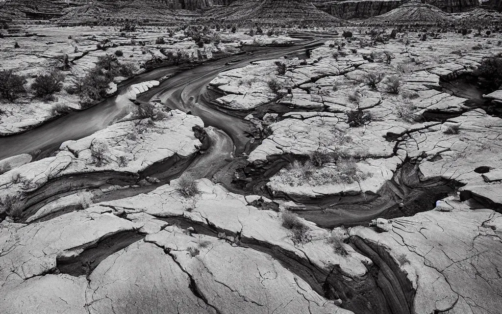 Prompt: “a dried up river bend running through a canyon surrounded by desert mountains at sunset, moab, utah, a tilt shift photo by Frederic Church, ansel adams, trending on unsplash, hudson river school, national geographic photo”