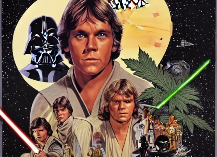 Image similar to vintage 1 9 7 7 star wars episode iv a new hope movie poster, of luke skywalker with bloodshot eyes smoking a huge blunt, surrounded by cannabis plants