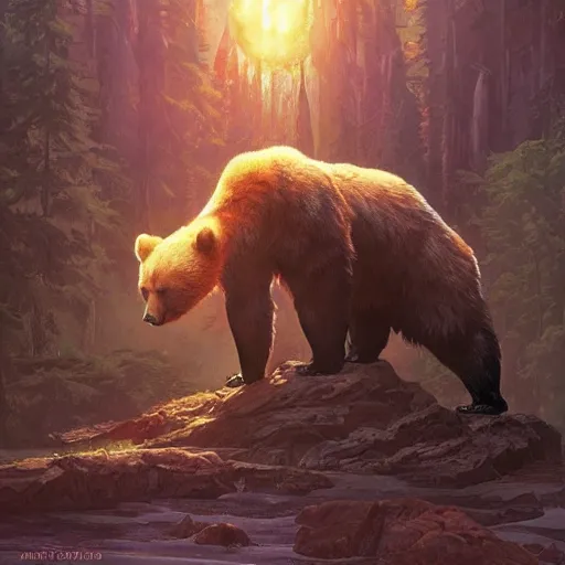 Prompt: bear stops giant space crocodile from eating the sun. highly detailed, digital painting, artstation, concept art, smooth, sharp focus, illustration, art by artgerm and greg rutkowski and alphonse mucha and loish and wlop