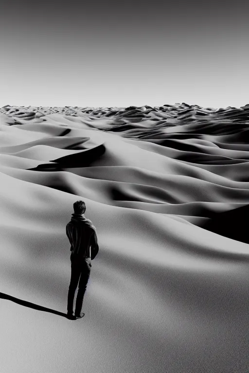 Prompt: a vast desert valley in the style of ansel adams with a marble statue of an ideal human in the middle of the foreground, black and white photography, raytracing, 8 k, octane render, volumetric, vivid, beautiful, hyperrealism