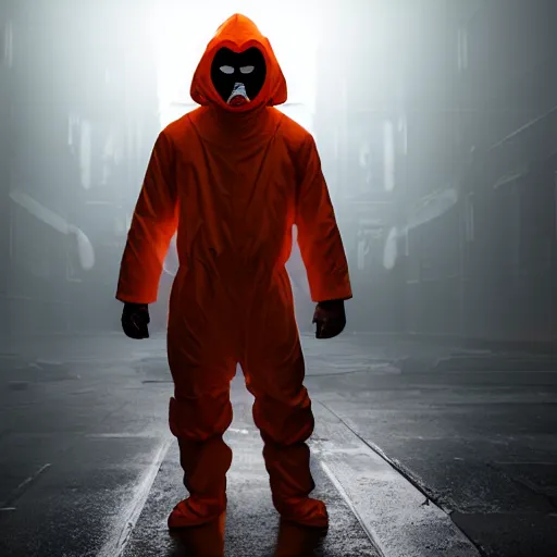 Image similar to hooden villain wearing a red oni mask, orange hazmat suit, dark background, unreal engine 5, ultra realistic, detailed, fog, volumetric lighting, by greg rutkowski,