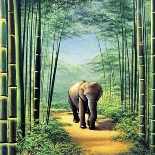 Image similar to an elephant walking through a tall bamboo forest, oil painting by hiroshi yoshida