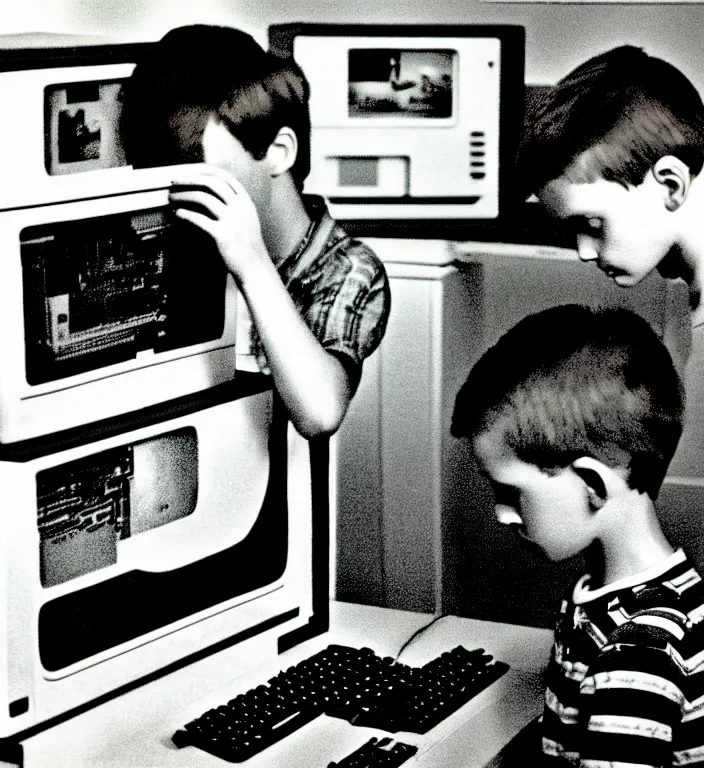 Prompt: boy looking at the PC computer from 90s by Laurie Lipton, grainy film kodak