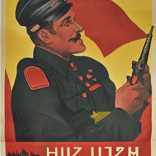 Image similar to soviet propaganda poster depicting a emue in military uniform