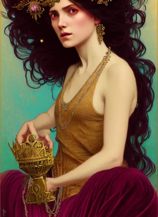 Image similar to ombre velvet gown, lovely queen, portrait, long hair, small crown, dozens of jeweled necklaces, feral languid woman, by greg rutkowski, anato finnstark, alphonse mucha, global illumination, radiant light