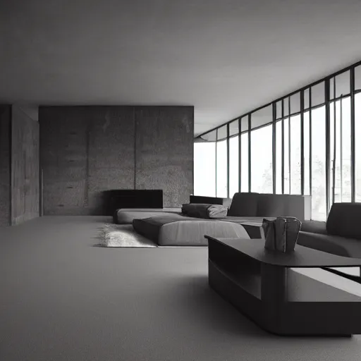 Prompt: brutalist house interior design ominous dark powerful giant open space high quality furniture octane render