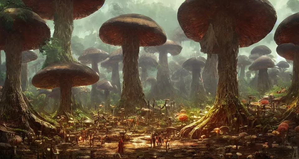 Prompt: A tribal village in a forest of giant mushrooms, by Greg Rutkowski
