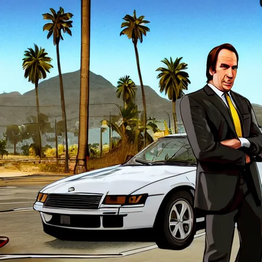 Image similar to Saul Goodman in GTA V . Los Santos in the background, palm trees. In the art style of Stephen Bliss.