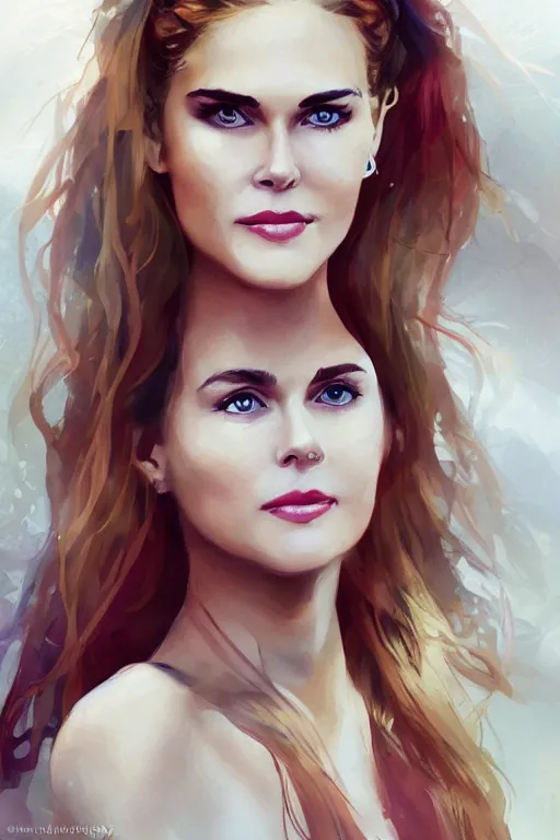 Prompt: mix of beautiful young maria shriver, mariel hemmingway, brooke shields, nicole kidman and elle macpherson as a young jungle girl swimming in a rockpool, thin lips, hair tied up in a pony tail, dark blonde hair, colorful, artstation, cgsociety