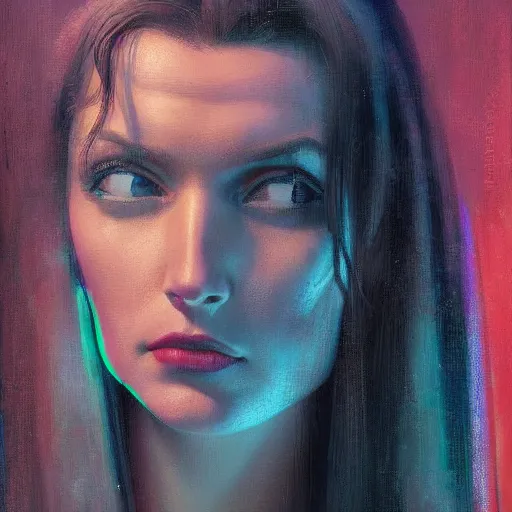 Image similar to detailed face of a woman, moment, cyberpunk cloisters, electronic billboards, tech noir, wet reflections, prism, atmospheric, ambient, pj crook, syd mead, livia prima, greg rutkowski, edward hopper