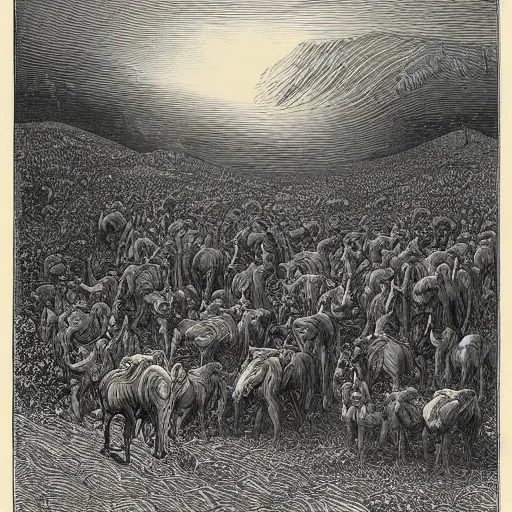 Prompt: woodblock print of the sons of cain wandering antediluvian fields with their beastly herds, genesis, by gustave dore