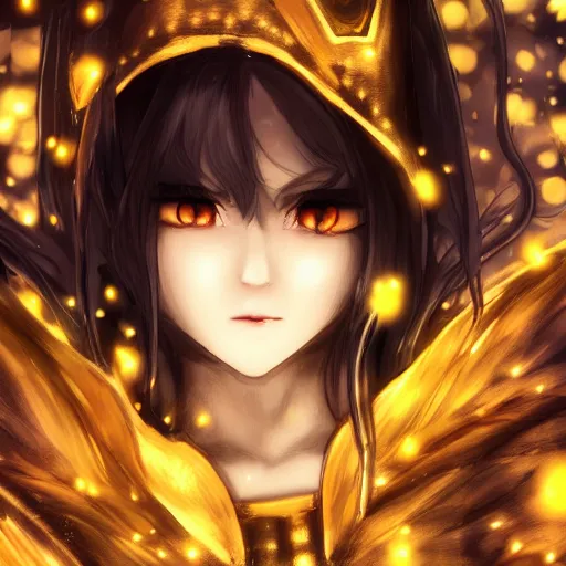 Prompt: focus face portrait of beautiful darkness knight 3D anime girl, golden Armor wearing, dark forest background, snowing, bokeh, inspired by Masami Kurumada, digital painting, high contrast, unreal engine render, volumetric lighting, high détail