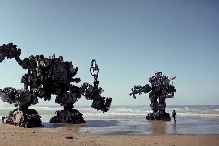 Image similar to cinematography of a giant mech on the beach in Santa Monica by Emmanuel Lubezki