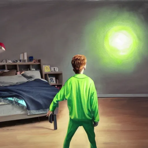 Image similar to painting of small green glowing orb is floating in front of a fourteen year old boy with auburn hair, wearing pajama, standing in a dark bedroom room, profile view, a look of surprise on his face, concept art, un made bed, piles of clothes on the floor, high detail dramatic lighting, samma van klaarbergen,