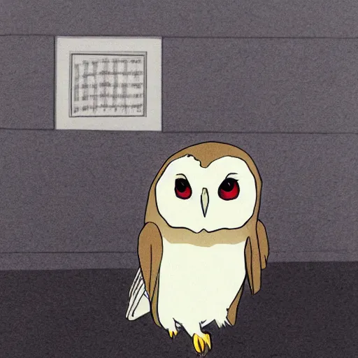 Prompt: barn owl in a black suit wearing an office bag going to the office,drawn by Hayao Miyazaki , highly detailed,anime, anime shot,anime colours, inspired by My Neighbor Totoro 1988,cell shading,volumetric dynamic lighting,anime lighting