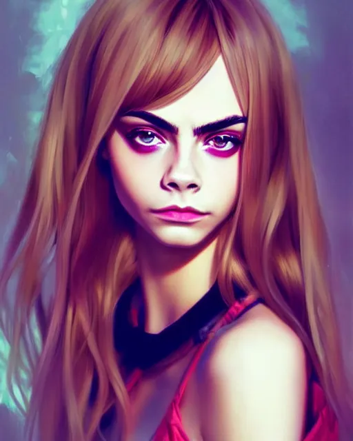 Image similar to portrait of Cara Delevingne as Anime girl cute-fine-face, full body! pretty face, realistic shaded Perfect face, fine details. Anime. realistic shaded lighting by Ilya Kuvshinov Giuseppe Dangelico Pino and Michael Garmash and Rob Rey