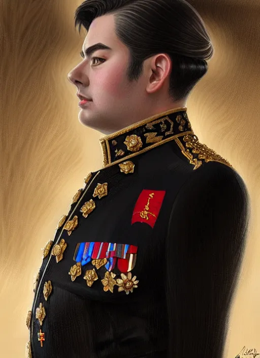 Image similar to portrait of supreme leader rich evans, royalty, extravagant, lord, full body, military uniform, fantasy, intricate, elegant, beautiful, highly detailed, charcoal, centered, dark, smokey, digital painting, artstation, concept art, art by artgerm and greg rutkowski and alphonse mucha