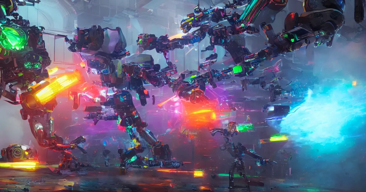 Image similar to vivid colors, spectrum, robot fight, drama, high quality, vray, cg, crazy, space