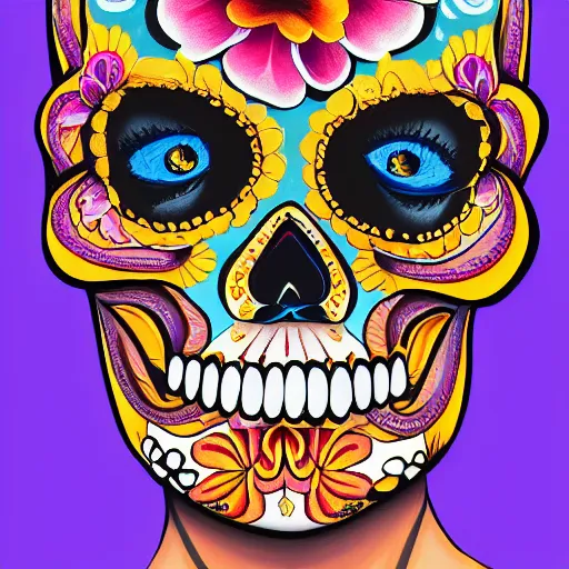 Image similar to A highly stylized digital HD painting of the face of a tattooed Day of the Dead skull smiling head and shoulders three-quarters view, with flowers, intricate patterns on face, on a poster promoting AI art