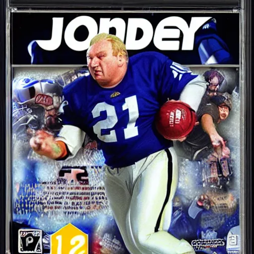 Prompt: john madden : john's mad the video game 1 9 9 7 tournament for the sega playstation, game case, box art, cd jewel case