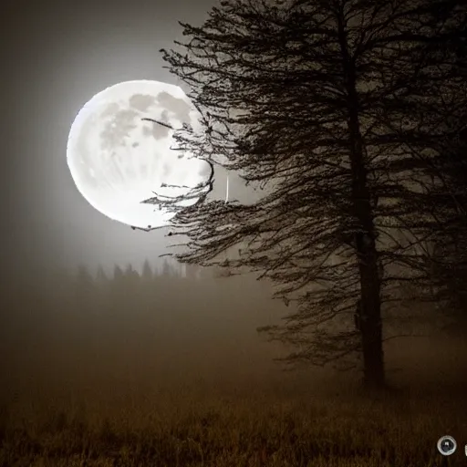 Image similar to huge owl flying at night through fog in the forest lit by the full moon fog moving through feathers