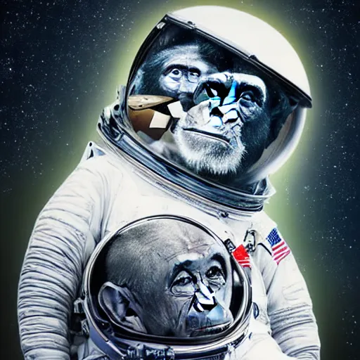 Image similar to double exposure portrait split in the middle of a astronaut and one chimpanzee in a suit posing with space in the background, pencil art, double, dynamic lighting stars, sharpness, golden ratio