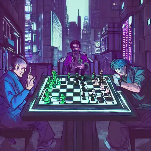 Cyber punk art of a chessboard in a city landscape