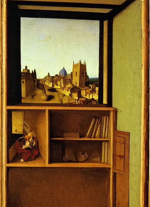 Image similar to bookshelf with books and children toys, medieval painting by jan van eyck, johannes vermeer, florence