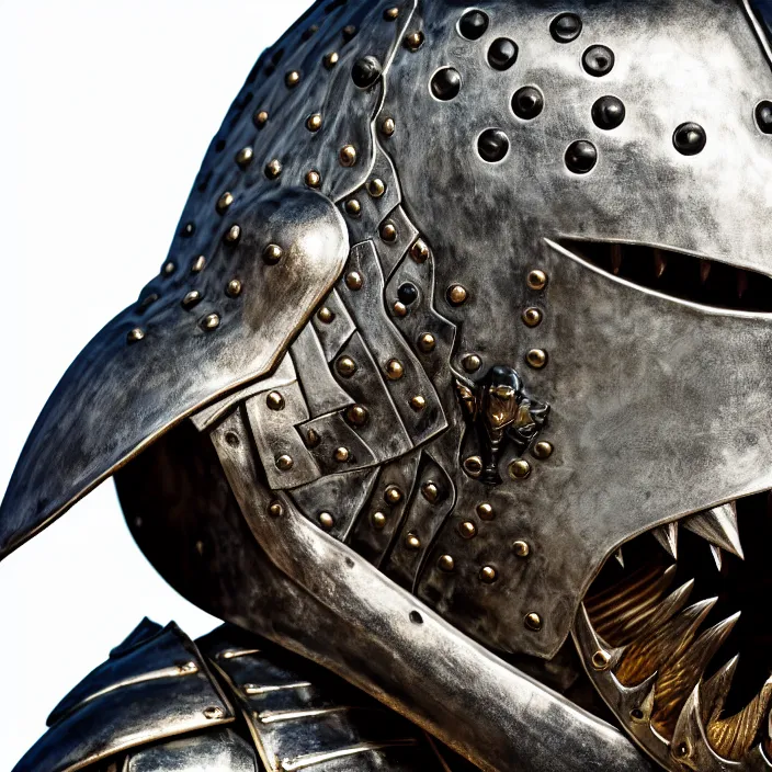 Image similar to photo of a knight with metal crocodile themed armour and helmet, highly detailed, 4 k, hdr, smooth, sharp focus, high resolution, award - winning photo