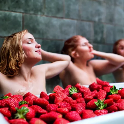 Image similar to women bathing in a bath full of strawberries, no water, only strawberries