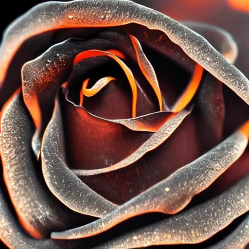 Image similar to award - winning macro of a beautiful black rose made of glowing molten magma