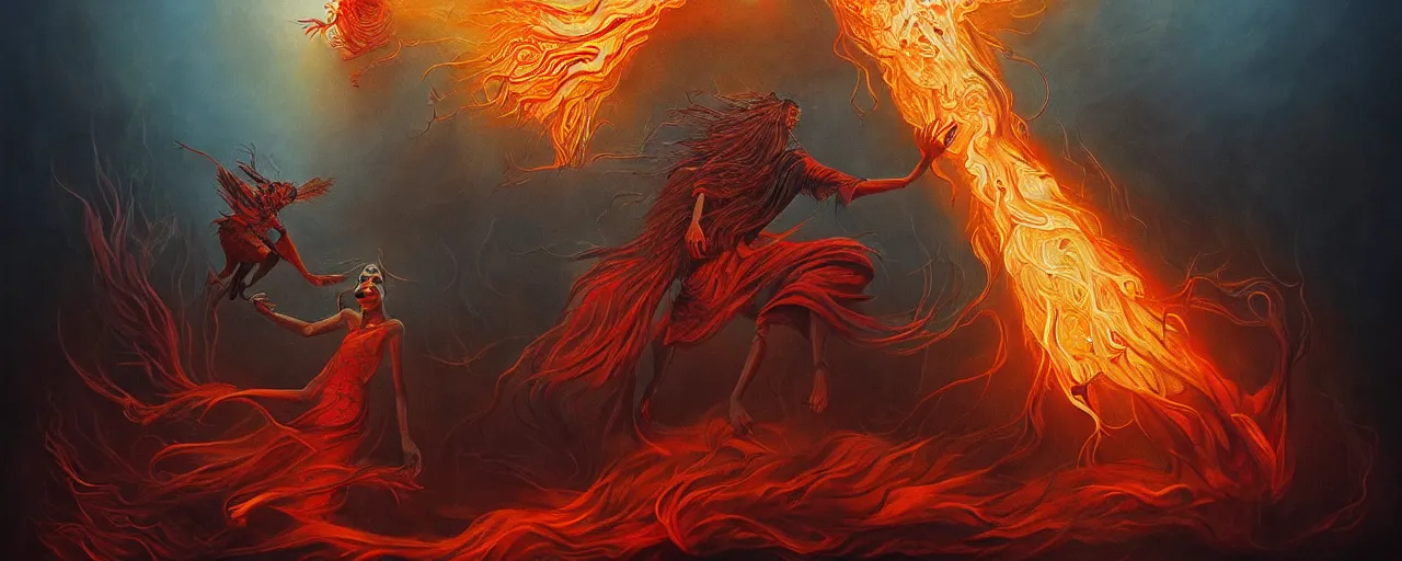 Prompt: personified emotion and thought creatures repressed in the depths unconscious of the psyche lead by baba yaga, about to rip through and escape in a extraordinary revolution, dramatic fiery lighting, surreal painting by ronny khalil