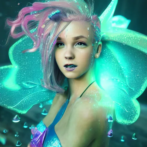 Prompt: stylish magical fairy, splashes of neon, cartoon portrait made out of rain, trending on artstation, epic composition, beautiful, rendered in octane, unreal engine, highly detailed, realistic