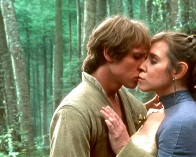 Image similar to luke skywalker, princess leia and han solo hugging and kissing in the forest of endor at the end of return of the jedi