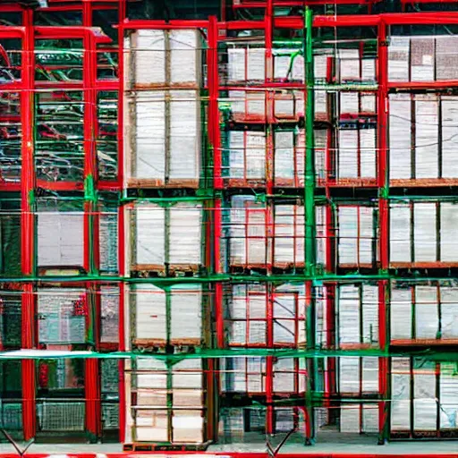 Image similar to a picture of a warehouse full of boxes with green patches over the top of each one and red patches over the sides of each one