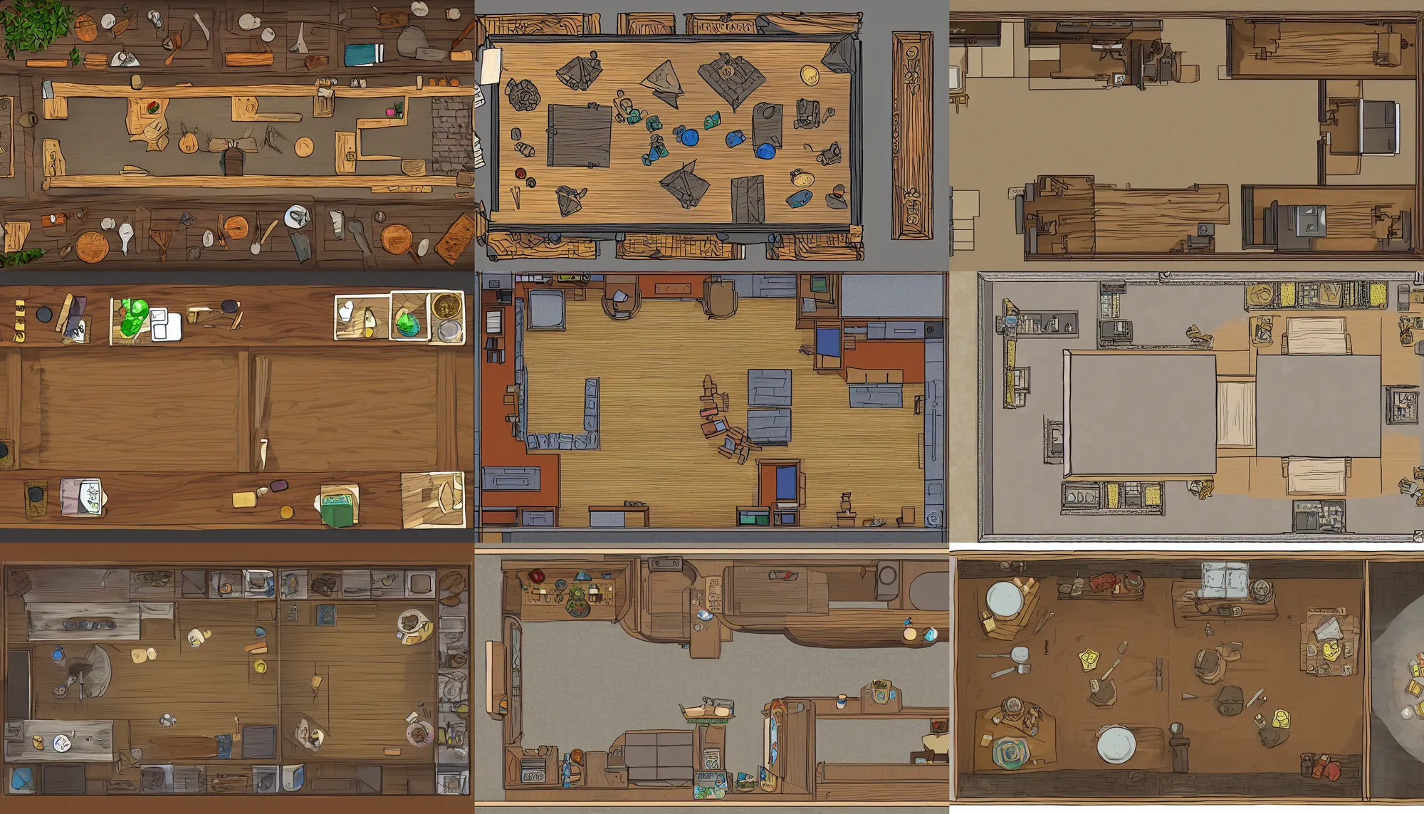 Prompt: tabletop room, 2 d, top view, tavern, detailed, small room