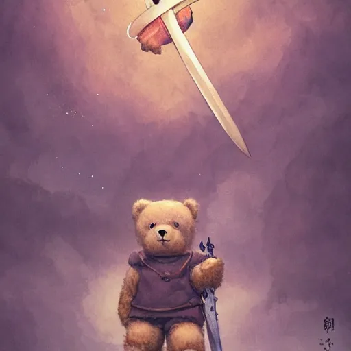 Prompt: a teddy bear pointing a sword at the sky, illustrated by miyazaki by karol bak, james jean, tom bagshaw, rococo, sharp focus, trending on artstation, cinematic lighting