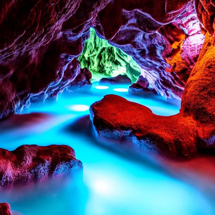 Image similar to photo of a fluorescent cave with a hot spring highly detailed 8 k hdr smooth sharp focus high resolution award - winning photo