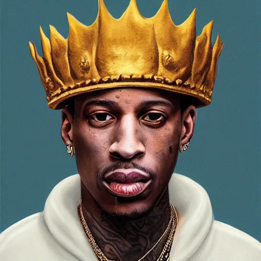 Image similar to travis scott with a golden crown, album cover,, a character portrait by weiwei, cgsociety, sots art, official art, art, character,