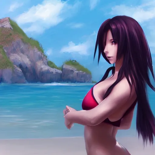 Image similar to beautiful tifa from final fantasy in a bikini, drawn by charlie bowater