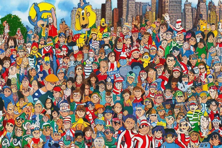 Prompt: an elaborate penned child illustration of an assortment of waldo's in new york city and central park hiding in difficult places, where's wally, where's waldo, carnival, zoo, pond, by martin hand ford and by jan van haasteren and simon bisley, jack kirby