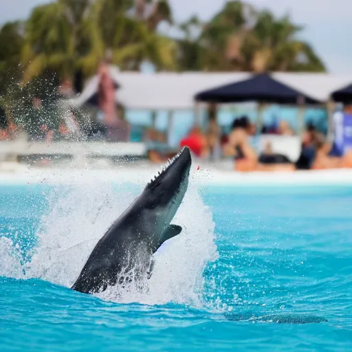 Image similar to a surfer feeding a shark in a pool