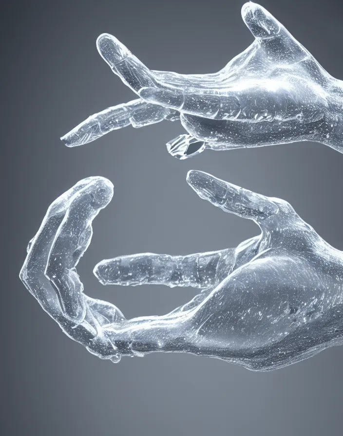 Image similar to crystal hand coming out of water 3d render, octane render, photorealistic highly detailed aesthetic