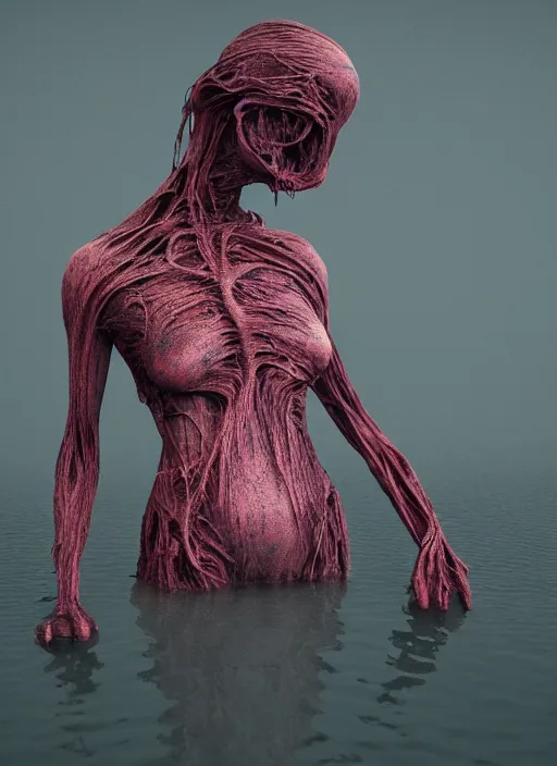 Prompt: melting woman inspired by zdzislaw beksinski, infinite lake, clothes made out of veins, rgb, cables everywhere, bedroom, ultra realistic, concept art, intricate details, highly detailed, photorealistic, octane render, 8 k
